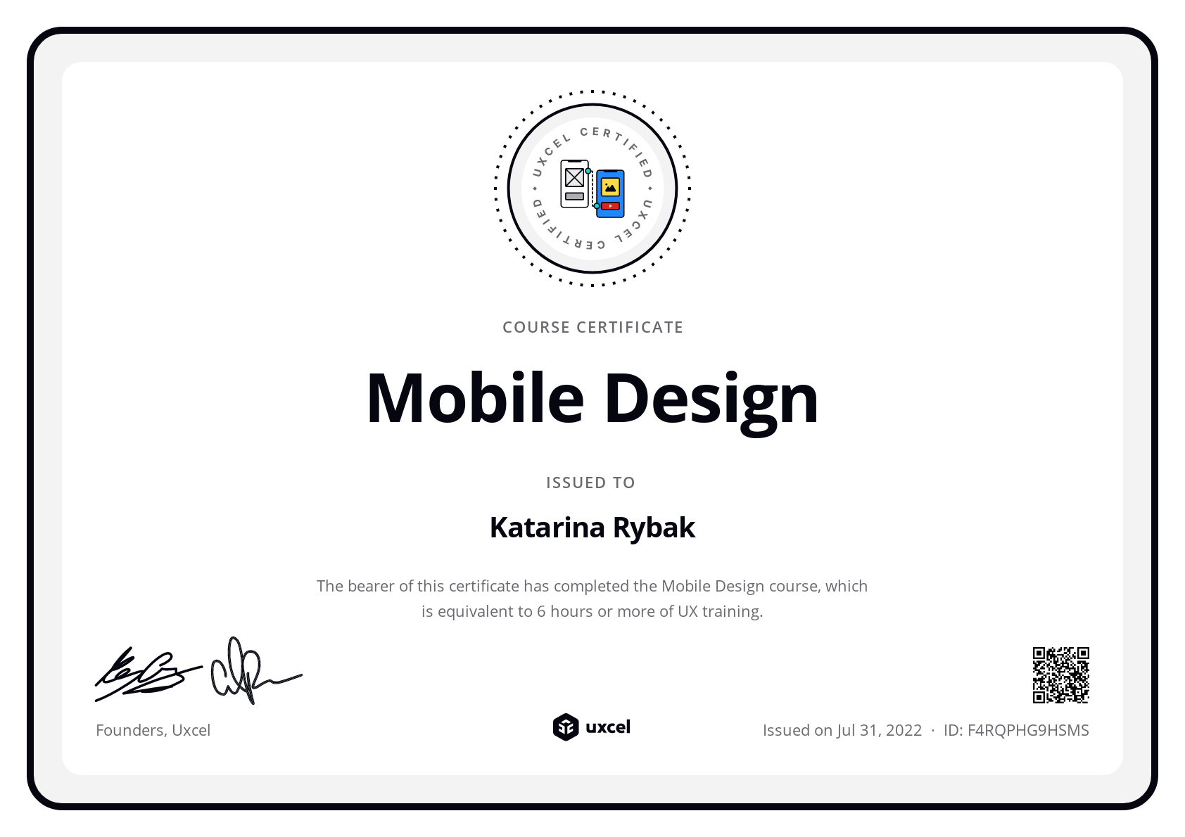 Katarina Rybak's certificate